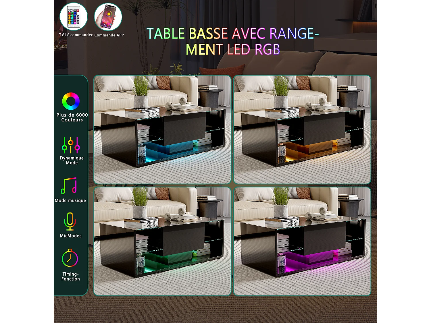 Table basse flottante LED noir 100 x 50 x 35 cm, plateau en verre trempé, haute brillance