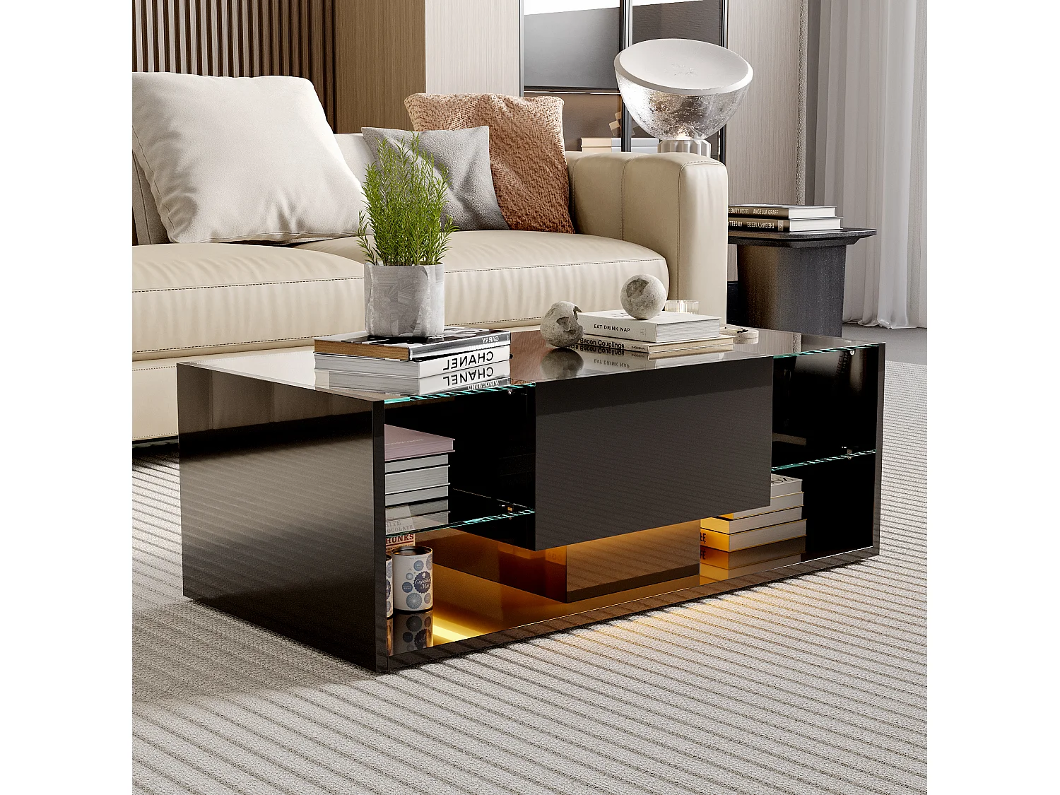 Table basse flottante LED noir 100 x 50 x 35 cm, plateau en verre trempé, haute brillance