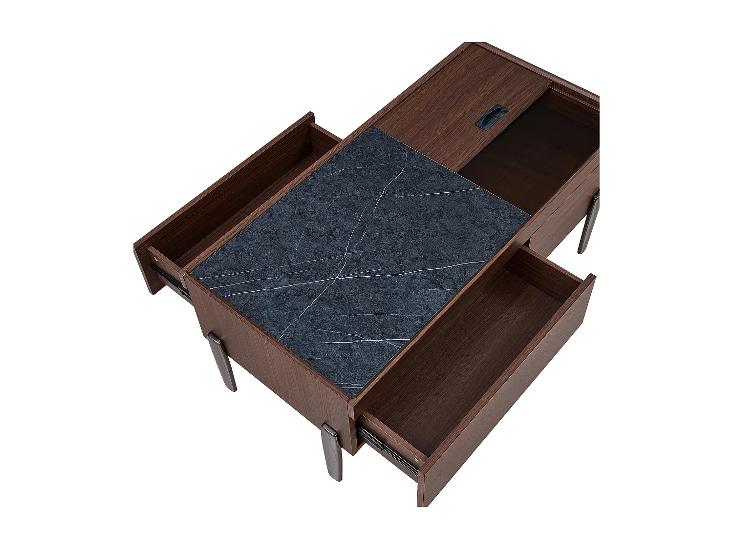 Mesa de centro moderna com gavetas, tampo de vidro, estrutura em madeira com efeito mármore marrom escuro, pés de metal e amplo espaço de armazenamento.
