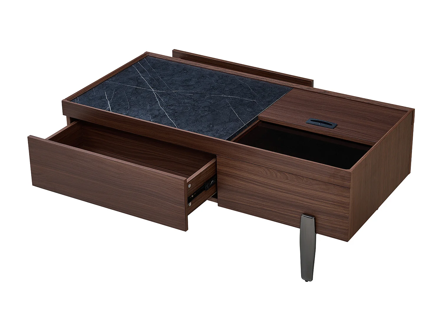 Mesa de centro moderna com gavetas, tampo de vidro, estrutura em madeira com efeito mármore marrom escuro, pés de metal e amplo espaço de armazenamento.