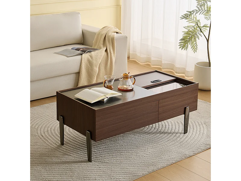 Moderne salontafel met lades, glas, donkerbruin marmerlook hout, metalen poten, veel opbergruimte