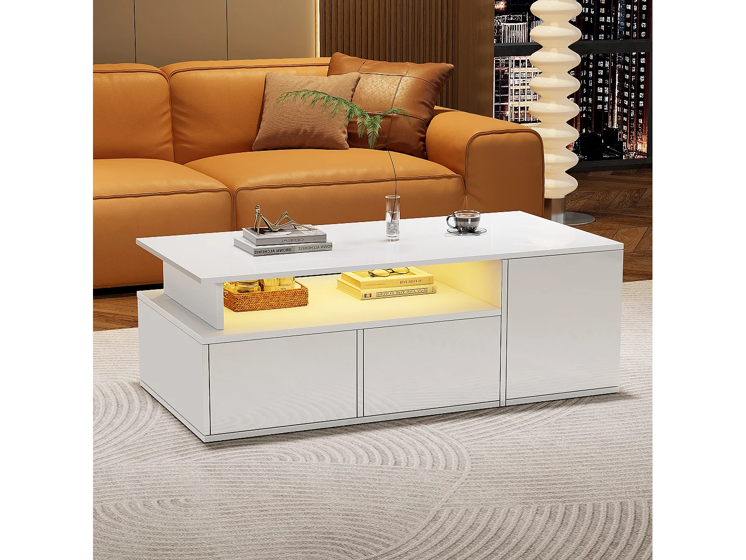 Mesa de centro com iluminação LED, mesa de sofá brilhante com 2 gavetas, 100 x 50 x 35 cm, para sala de estar, branca.