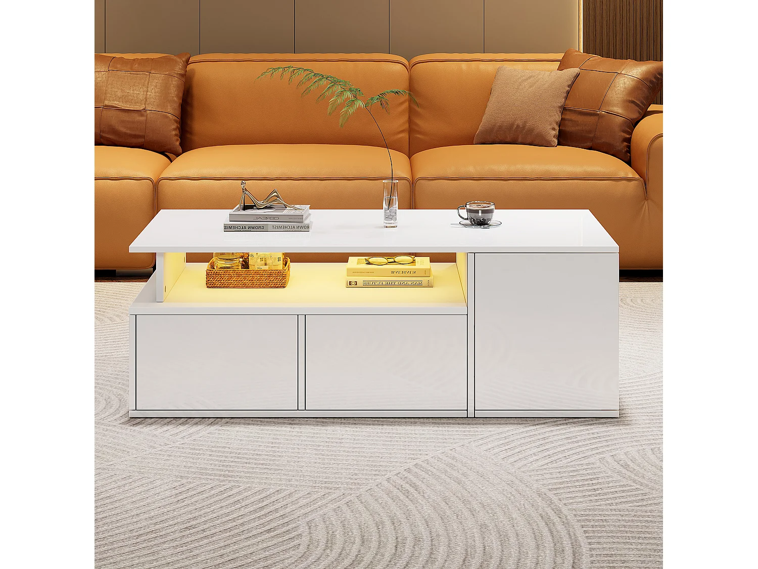 Mesa de centro com iluminação LED, mesa de sofá brilhante com 2 gavetas, 100 x 50 x 35 cm, para sala de estar, branca.