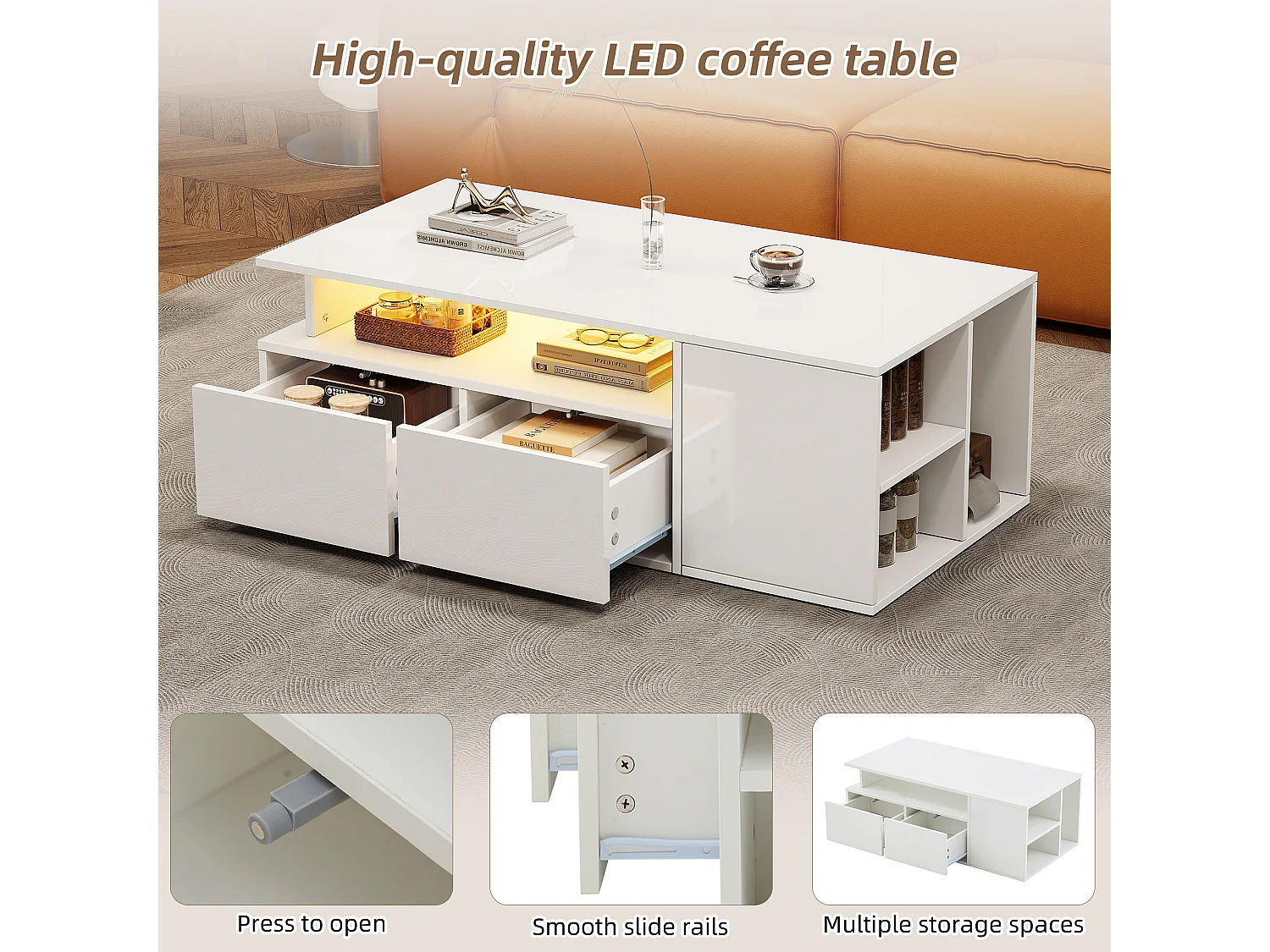 Mesa de centro com iluminação LED, mesa de sofá brilhante com 2 gavetas, 100 x 50 x 35 cm, para sala de estar, branca.