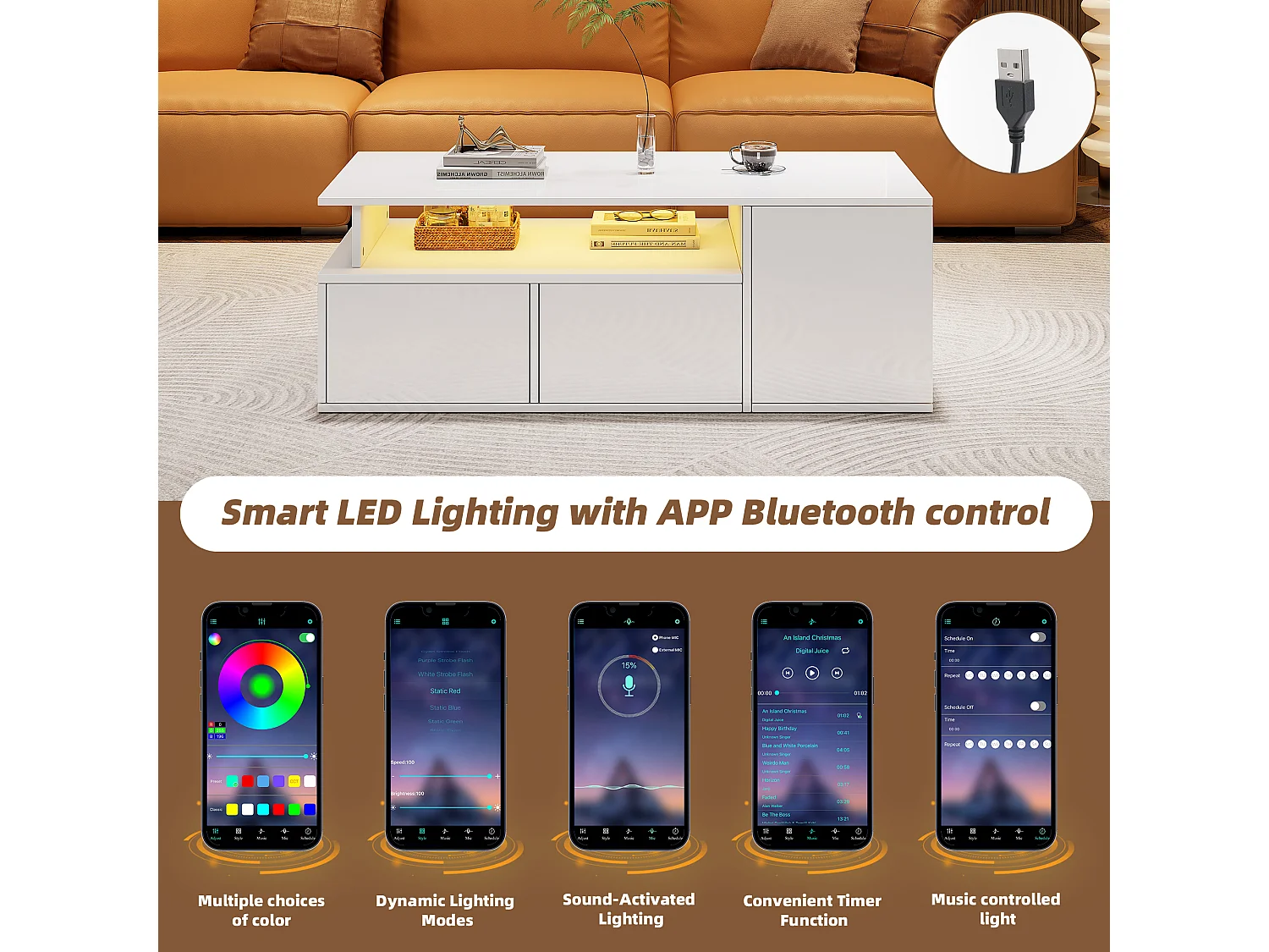 Mesa de centro com iluminação LED, mesa de sofá brilhante com 2 gavetas, 100 x 50 x 35 cm, para sala de estar, branca.