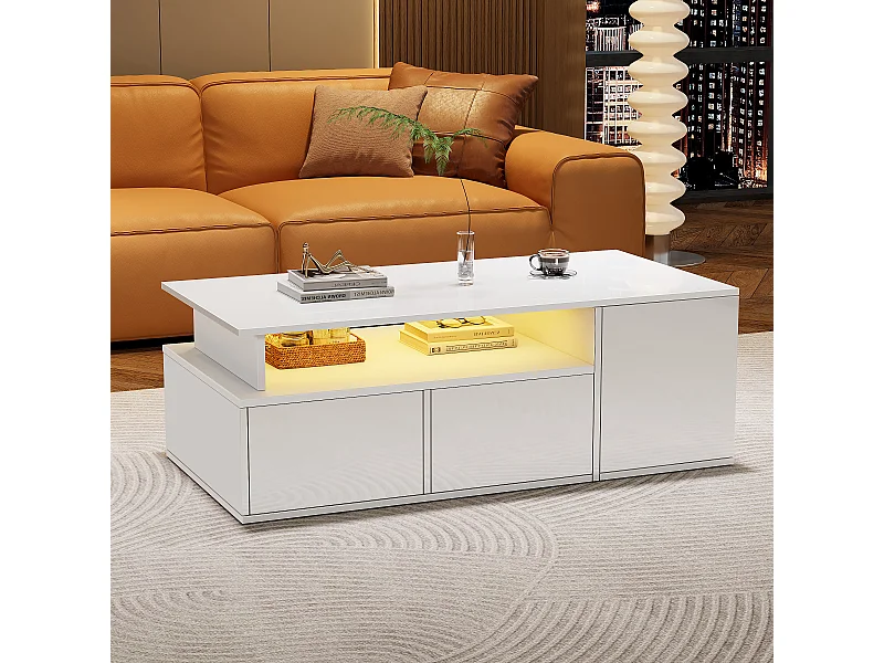 Mesa de centro com iluminação LED, mesa de sofá brilhante com 2 gavetas, 100 x 50 x 35 cm, para sala de estar, branca.