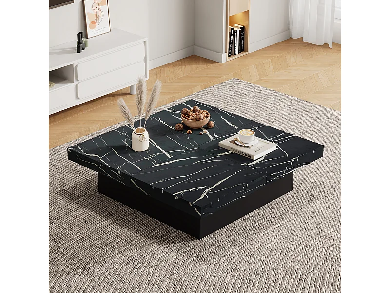 Vierkante salontafel, marmerlook, schuifblad en lades, voor woonkamer, 90 x 90 x 25 cm, zwart