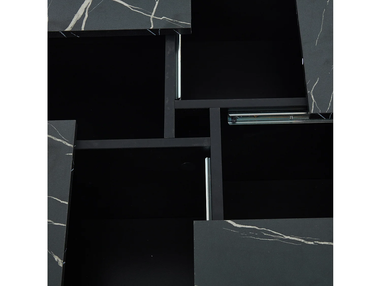 Vierkante salontafel, marmerlook, schuifblad en lades, voor woonkamer, 90 x 90 x 25 cm, zwart