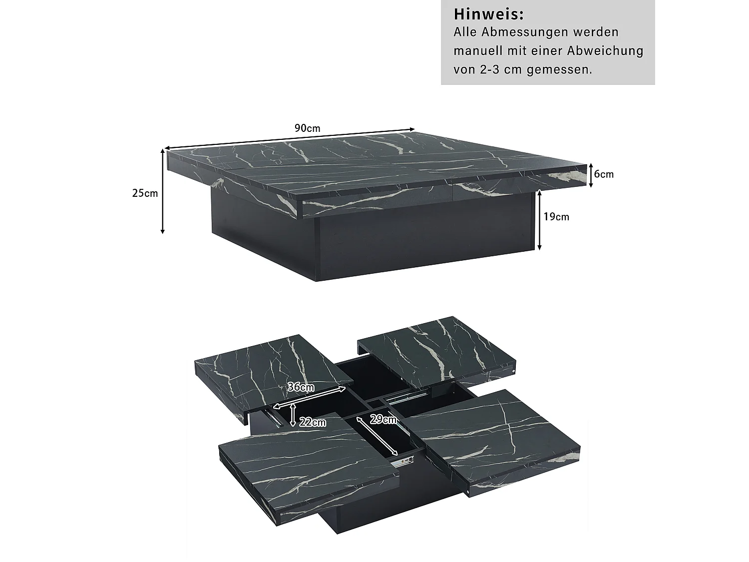 Mesa de centro quadrada, com efeito mármore, tampo deslizante e gavetas, para sala de estar, 90 x 90 x 25 cm, preta.