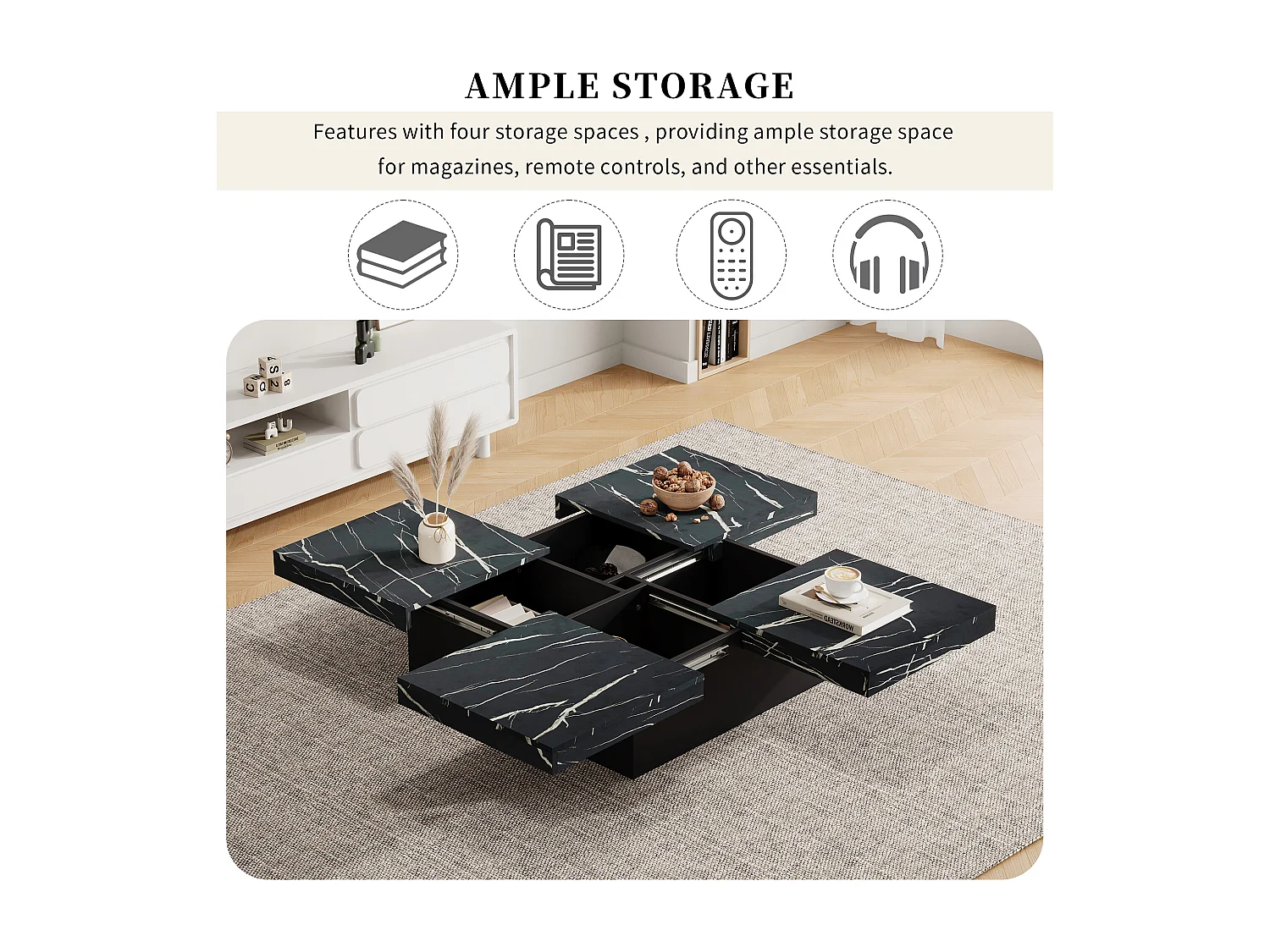 Mesa de centro quadrada, com efeito mármore, tampo deslizante e gavetas, para sala de estar, 90 x 90 x 25 cm, preta.