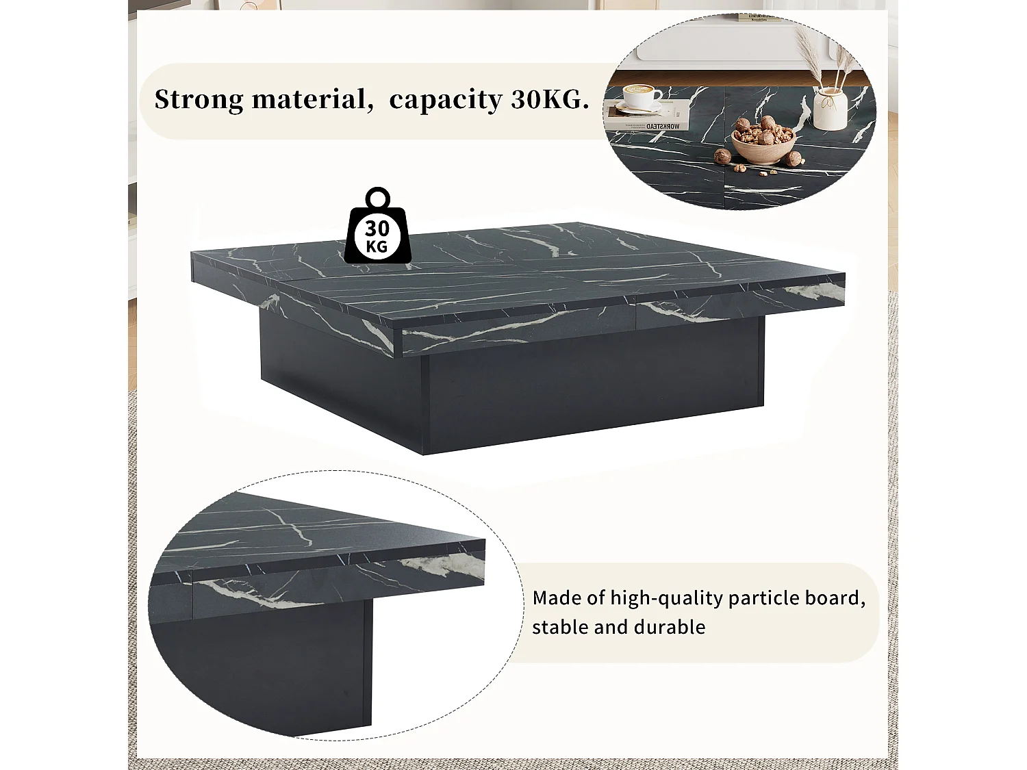 Mesa de centro quadrada, com efeito mármore, tampo deslizante e gavetas, para sala de estar, 90 x 90 x 25 cm, preta.