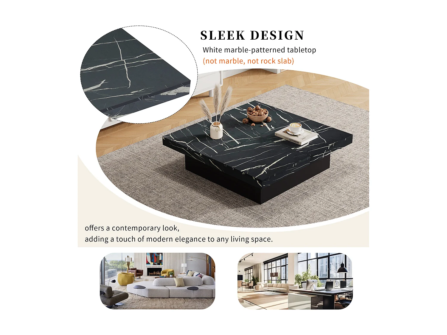 Mesa de centro quadrada, com efeito mármore, tampo deslizante e gavetas, para sala de estar, 90 x 90 x 25 cm, preta.