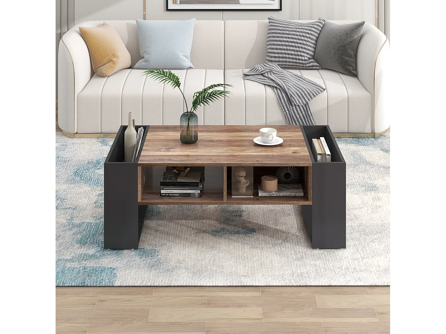 Table Basse avec Compartiments de Rangement Double Face Table de canapé de Salon, Bois + Gris Noir