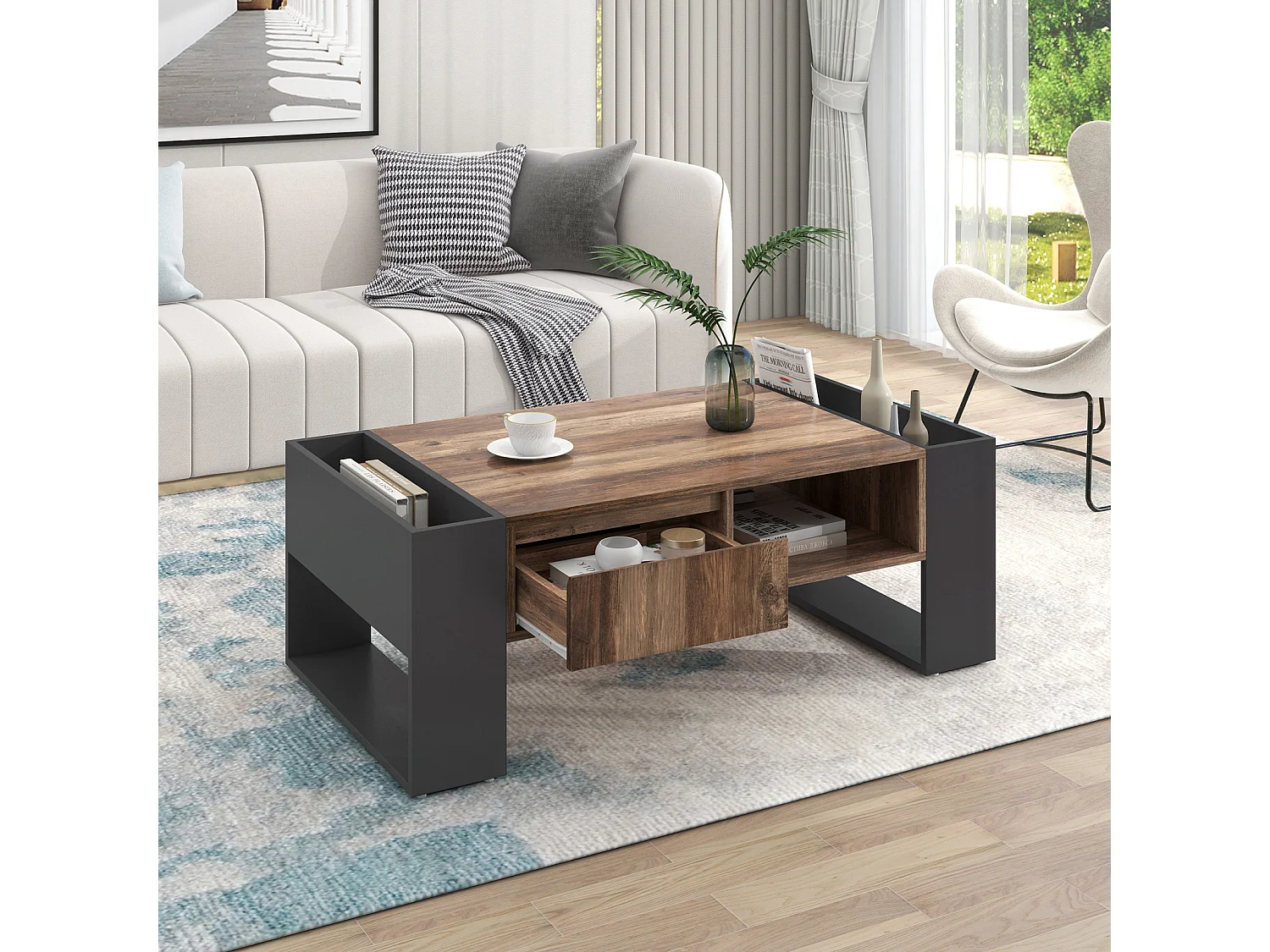 Table Basse avec Compartiments de Rangement Double Face Table de canapé de Salon, Bois + Gris Noir