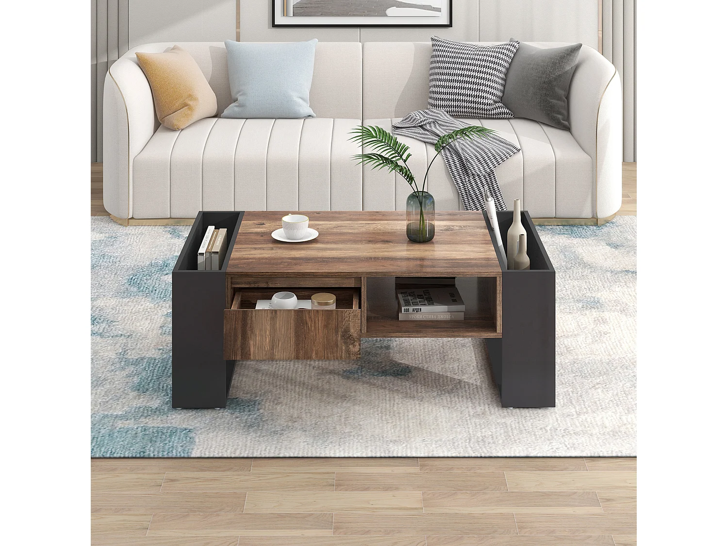 Table Basse avec Compartiments de Rangement Double Face Table de canapé de Salon, Bois + Gris Noir