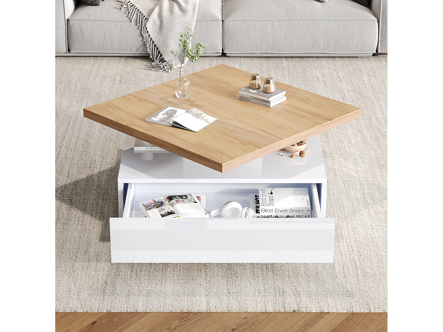 Mesa de centro cuadrada, blanca, giratoria 360°, con cajones de almacenamiento, 70 x 70 x 36 cm