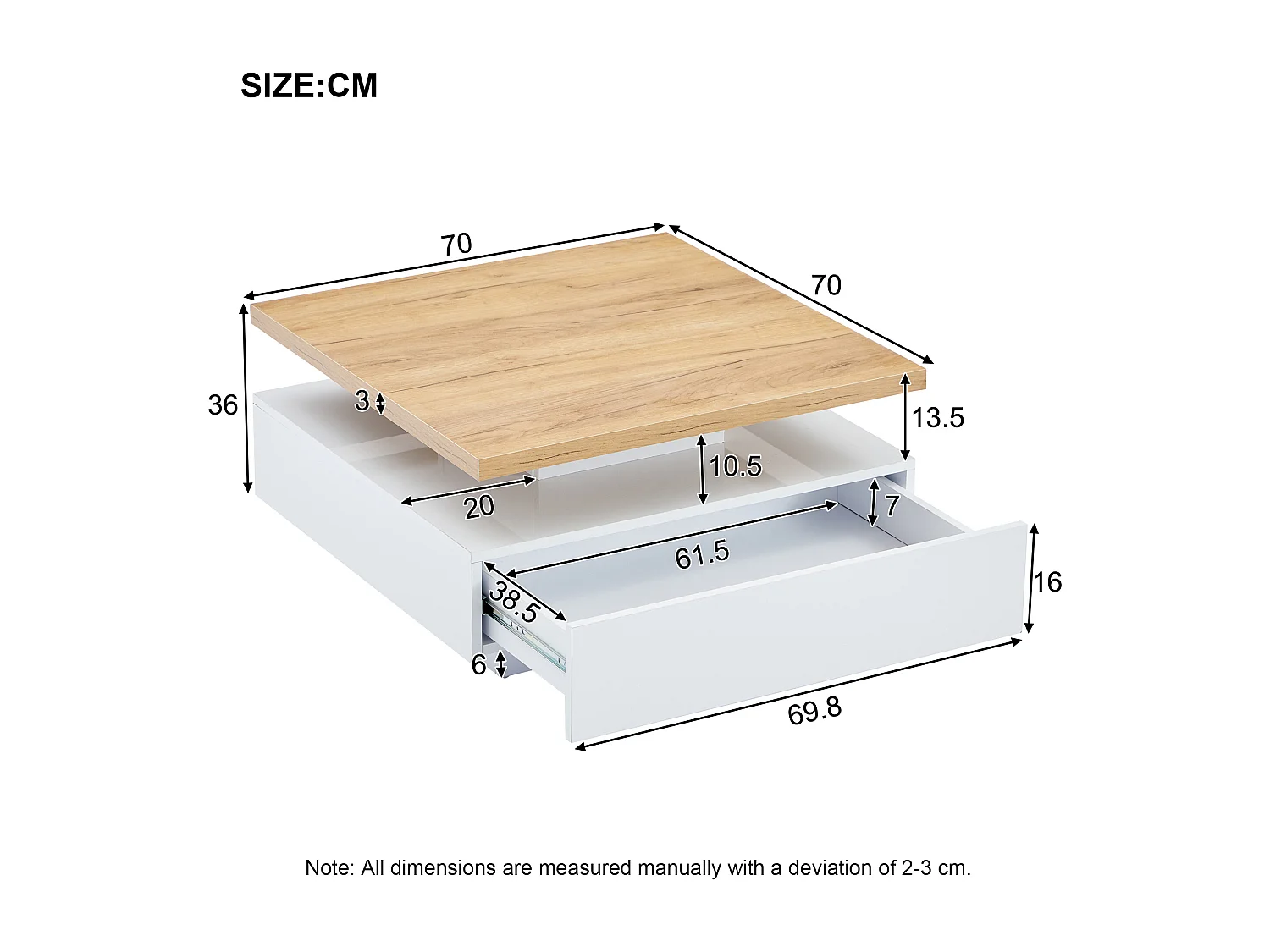Mesa de centro cuadrada, blanca, giratoria 360°, con cajones de almacenamiento, 70 x 70 x 36 cm