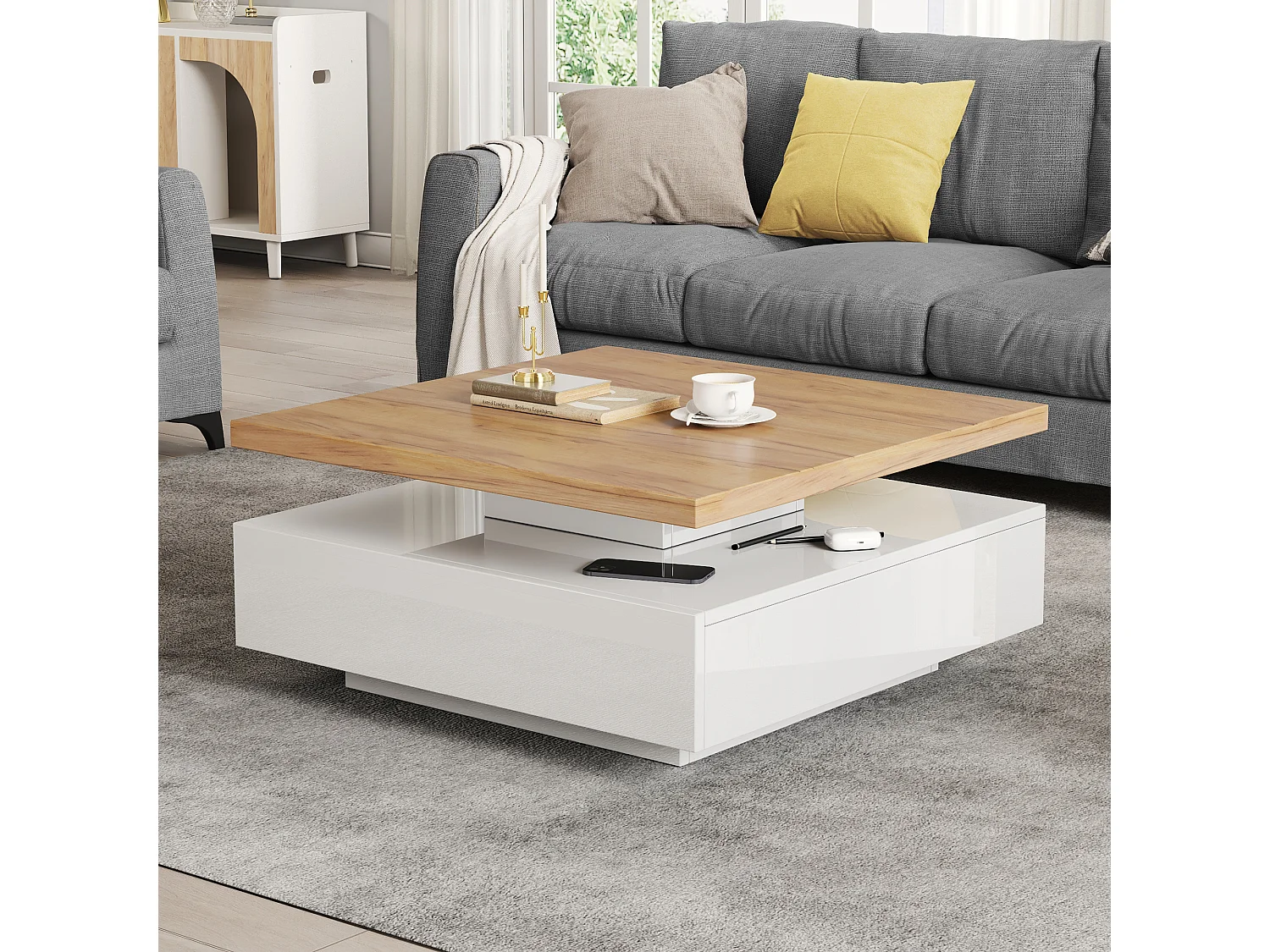 Mesa de centro cuadrada, blanca, giratoria 360°, con cajones de almacenamiento, 70 x 70 x 36 cm