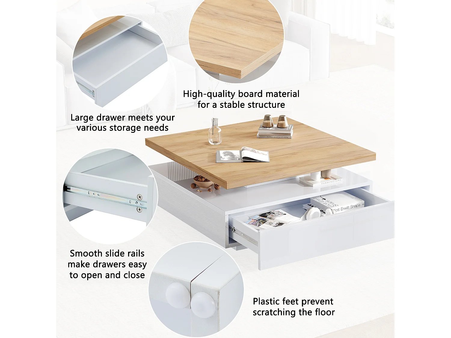 Mesa de centro cuadrada, blanca, giratoria 360°, con cajones de almacenamiento, 70 x 70 x 36 cm