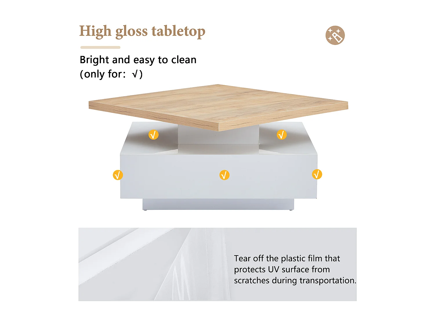 Mesa de centro cuadrada, blanca, giratoria 360°, con cajones de almacenamiento, 70 x 70 x 36 cm