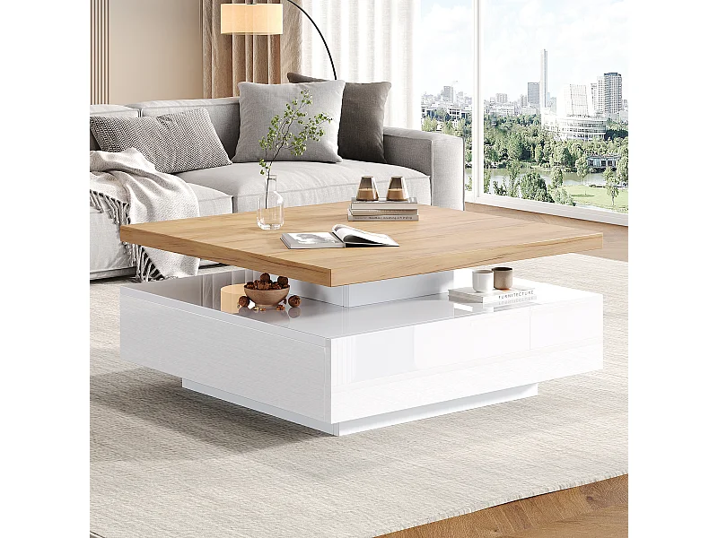 Mesa de centro cuadrada, blanca, giratoria 360°, con cajones de almacenamiento, 70 x 70 x 36 cm