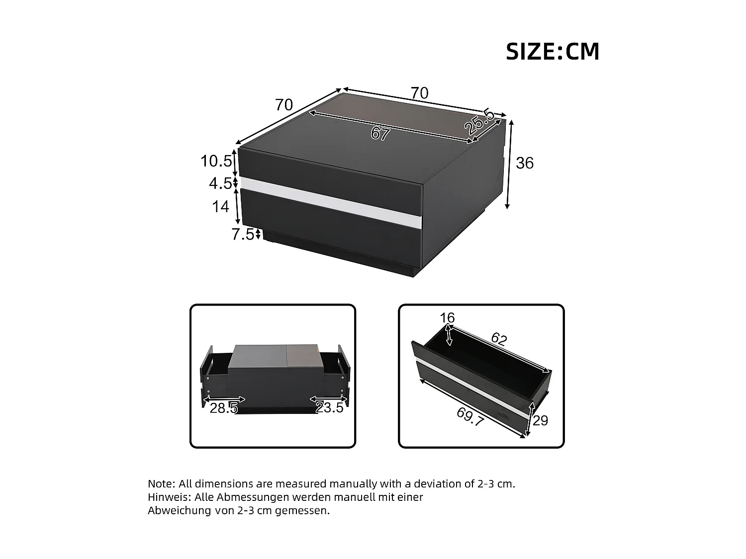 Table basse carrée avec LED, avec 2 tiroirs, table d'appoint en verre trempé, 70 x 70 x 36 cm, Noir