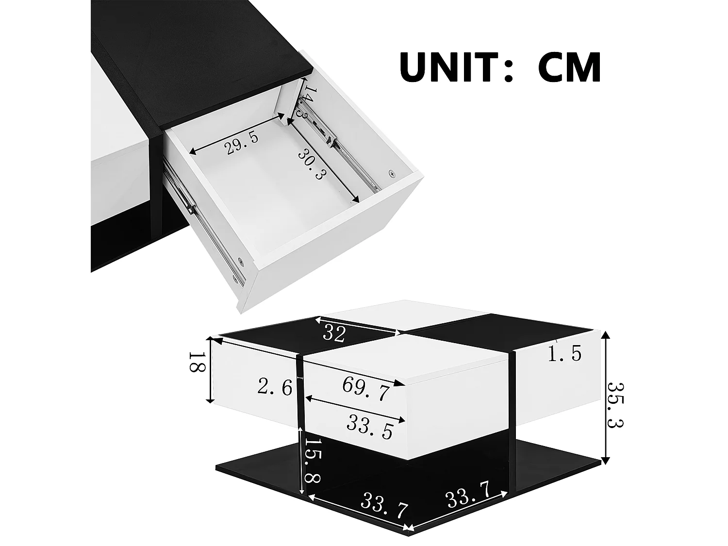 Salontafel met opbergruimte, multifunctionele vierkante bijzettafel, wit