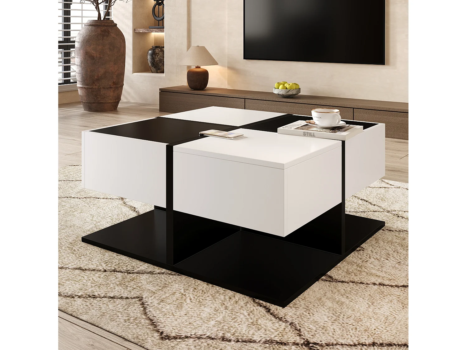 Salontafel met opbergruimte, multifunctionele vierkante bijzettafel, wit