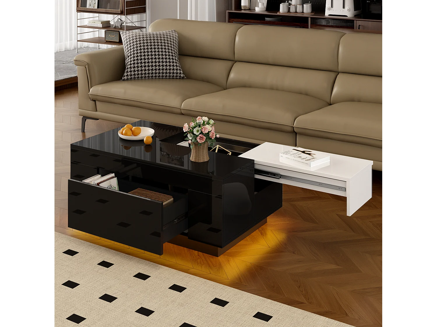 Mesa de centro lacada con iluminación LED, tablero extensible en blanco y negro, y espacio de almacenamiento oculto.