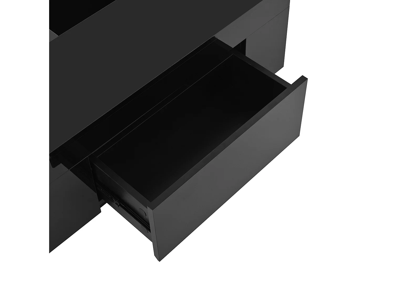 Mesa de centro lacada con iluminación LED, tablero extensible en blanco y negro, y espacio de almacenamiento oculto.