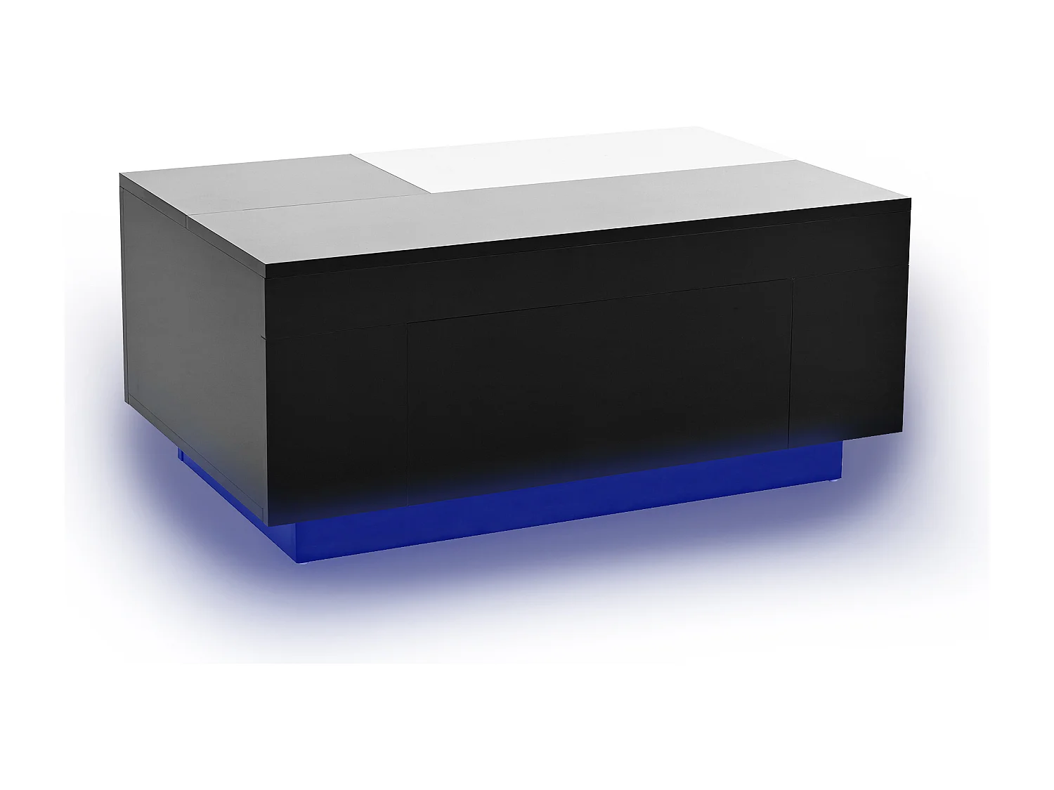 Mesa de centro lacada con iluminación LED, tablero extensible en blanco y negro, y espacio de almacenamiento oculto.