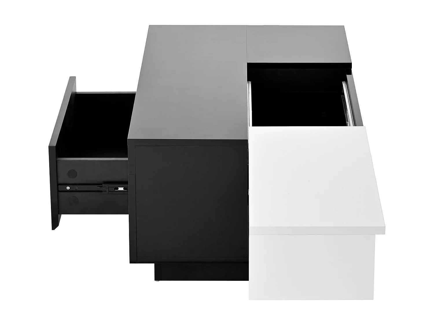 Table basse laquée avec éclairage LED, plateau extensible noir et blanc, rangement caché