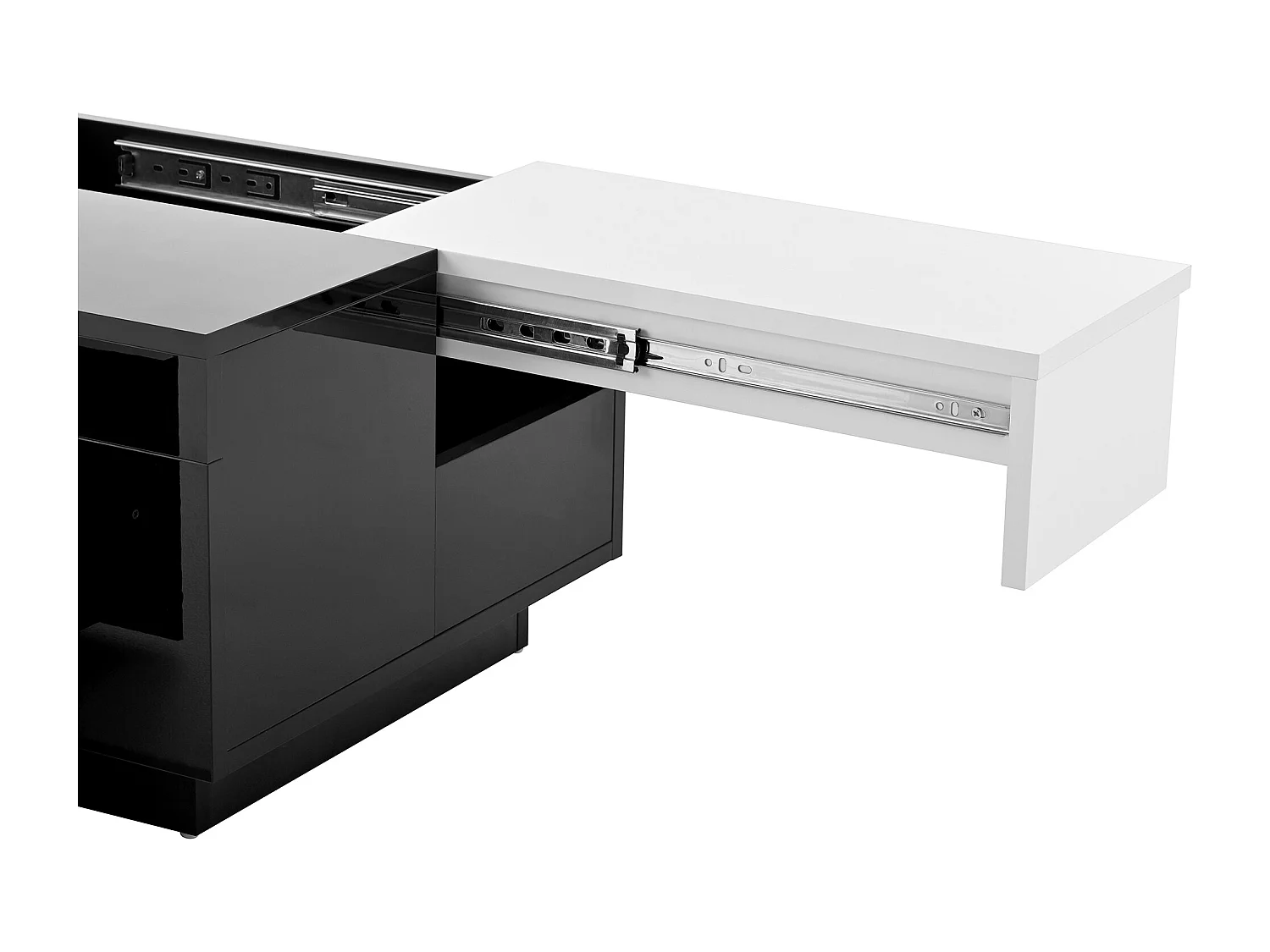 Table basse laquée avec éclairage LED, plateau extensible noir et blanc, rangement caché