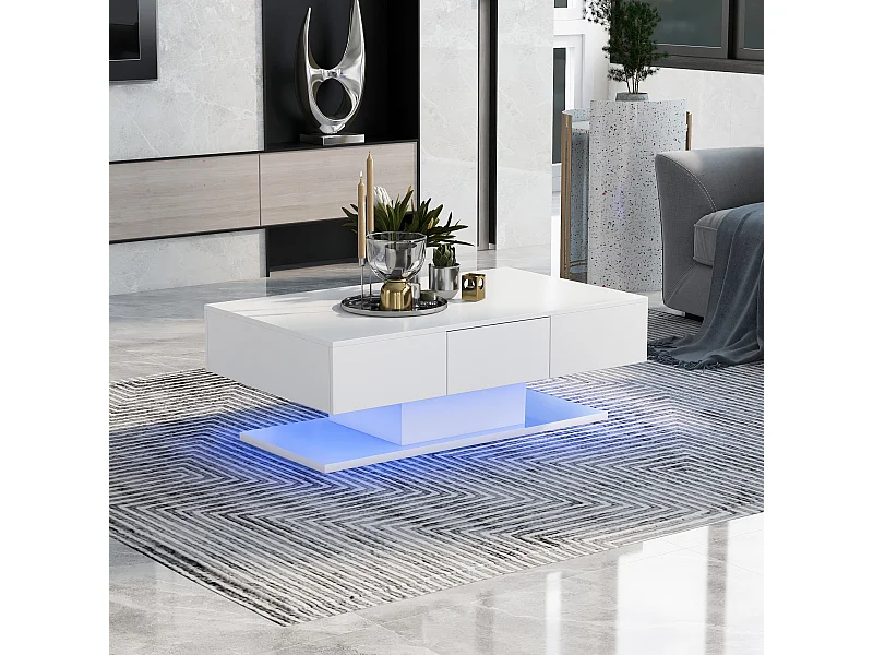 Mesa de centro blanca con luces LED, mesa de centro para salón con 2 cajones, 100×60×35,5 cm, para salón