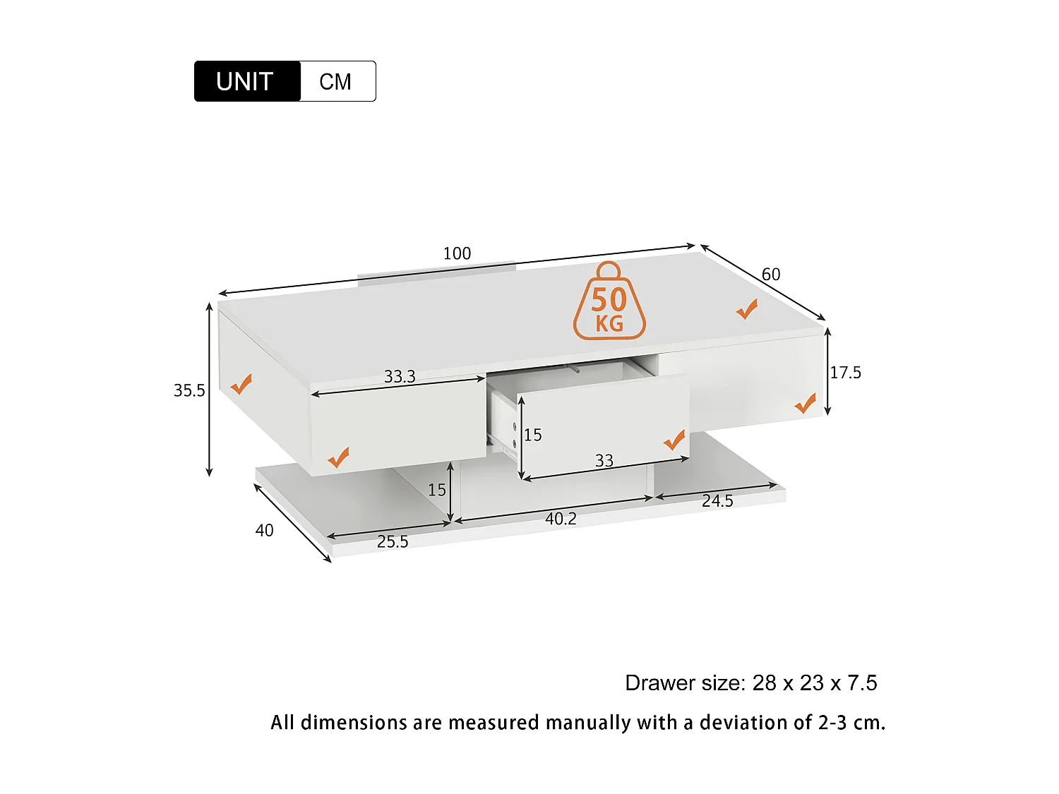 Mesa de centro blanca con luces LED, mesa de centro para salón con 2 cajones, 100×60×35,5 cm, para salón