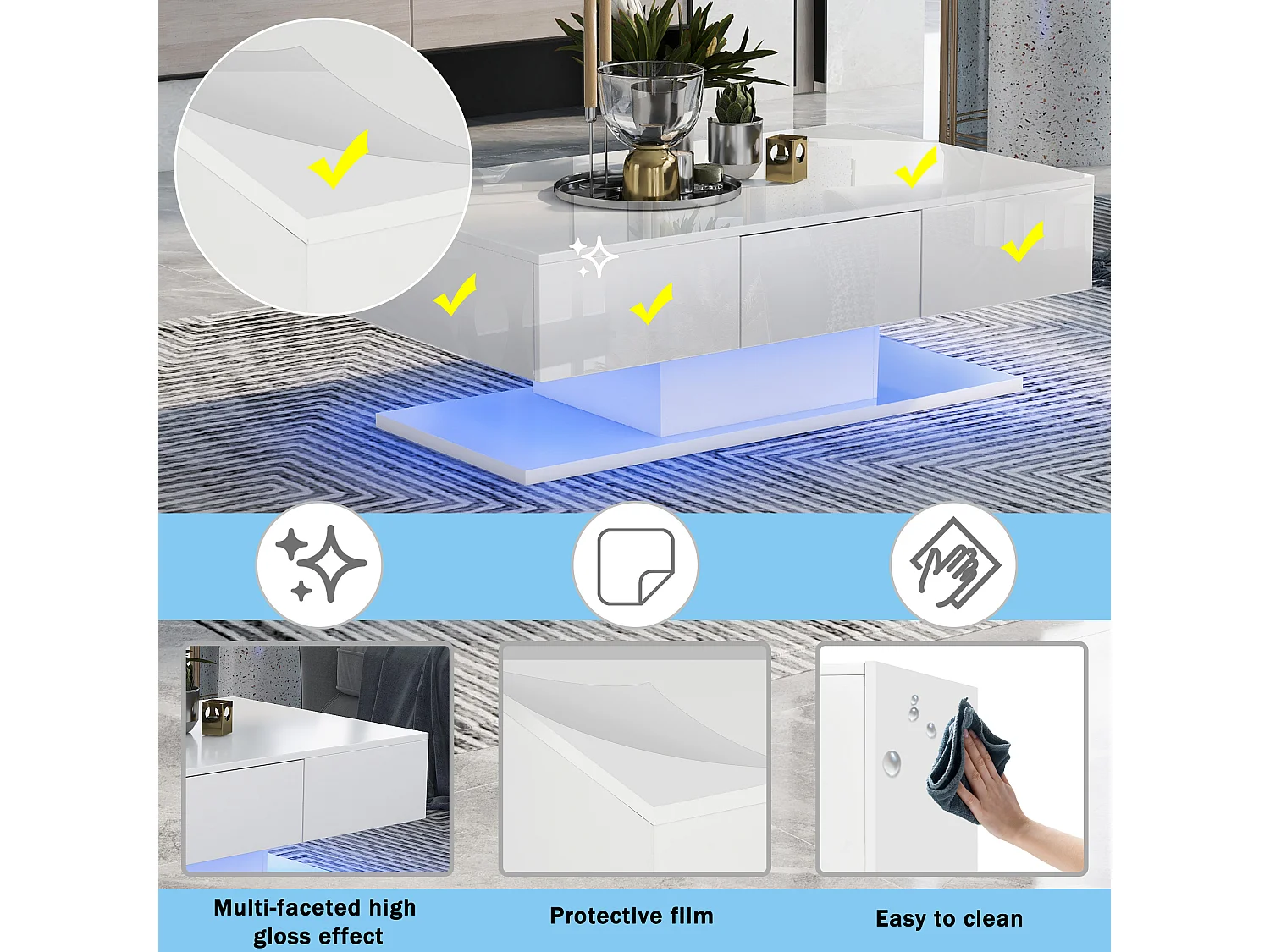 Mesa de centro blanca con luces LED, mesa de centro para salón con 2 cajones, 100×60×35,5 cm, para salón