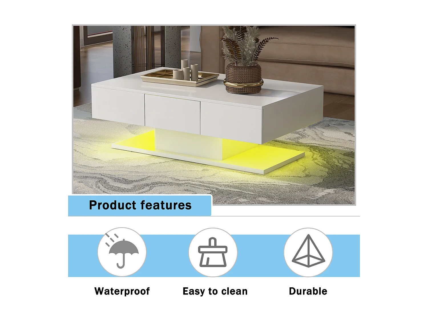 Table Basse Blanche avec LED, Table Basse LED Salon avec 2 Tiroirs, 100×60×35.5cm, pour Salon