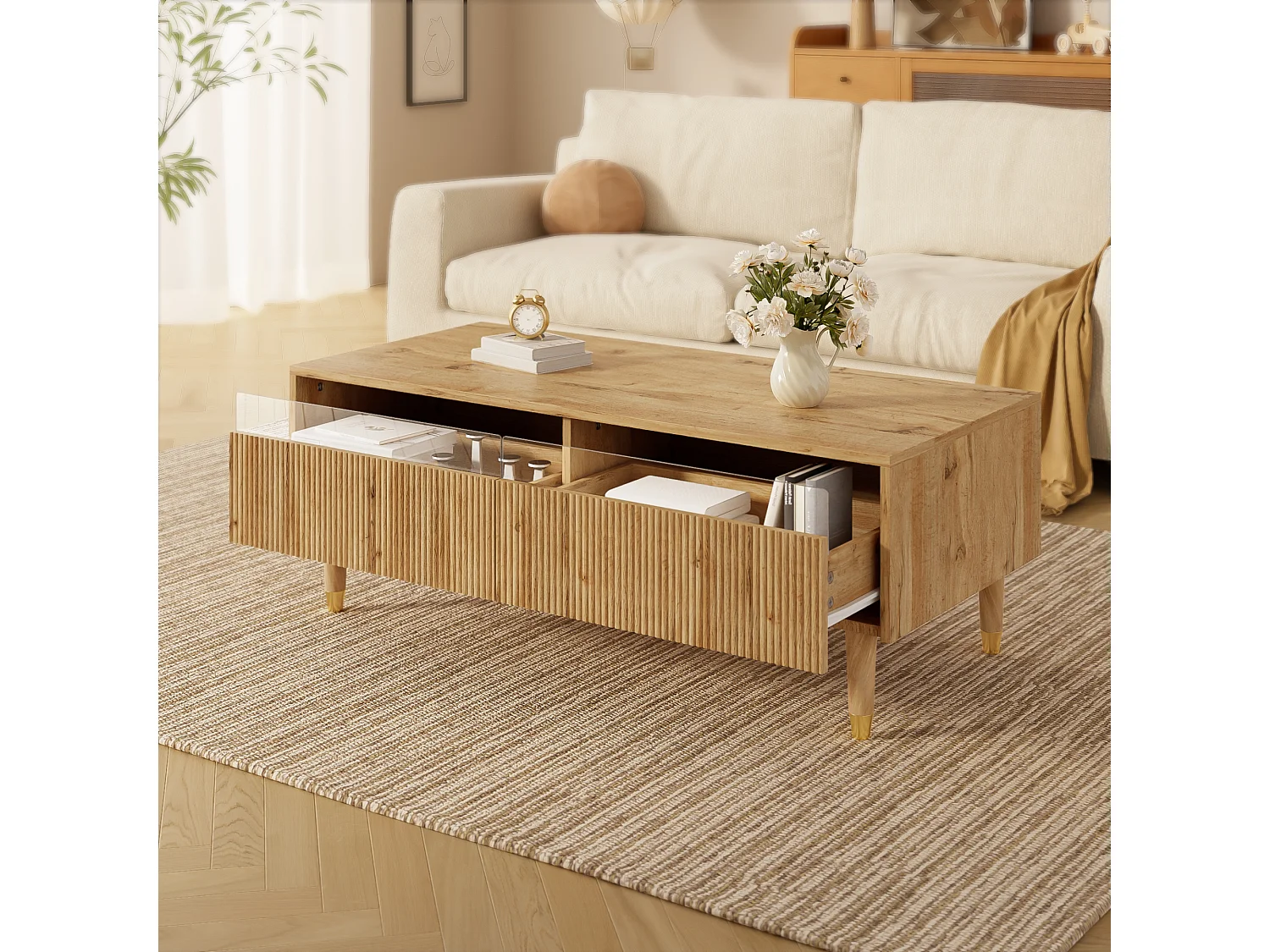 Mesa de centro moderna com LED, tampo ondulado com gaveta, pés de madeira dourada e acabamento em madeira.