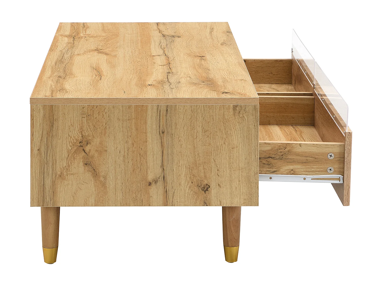 Mesa de centro moderna com LED, tampo ondulado com gaveta, pés de madeira dourada e acabamento em madeira.