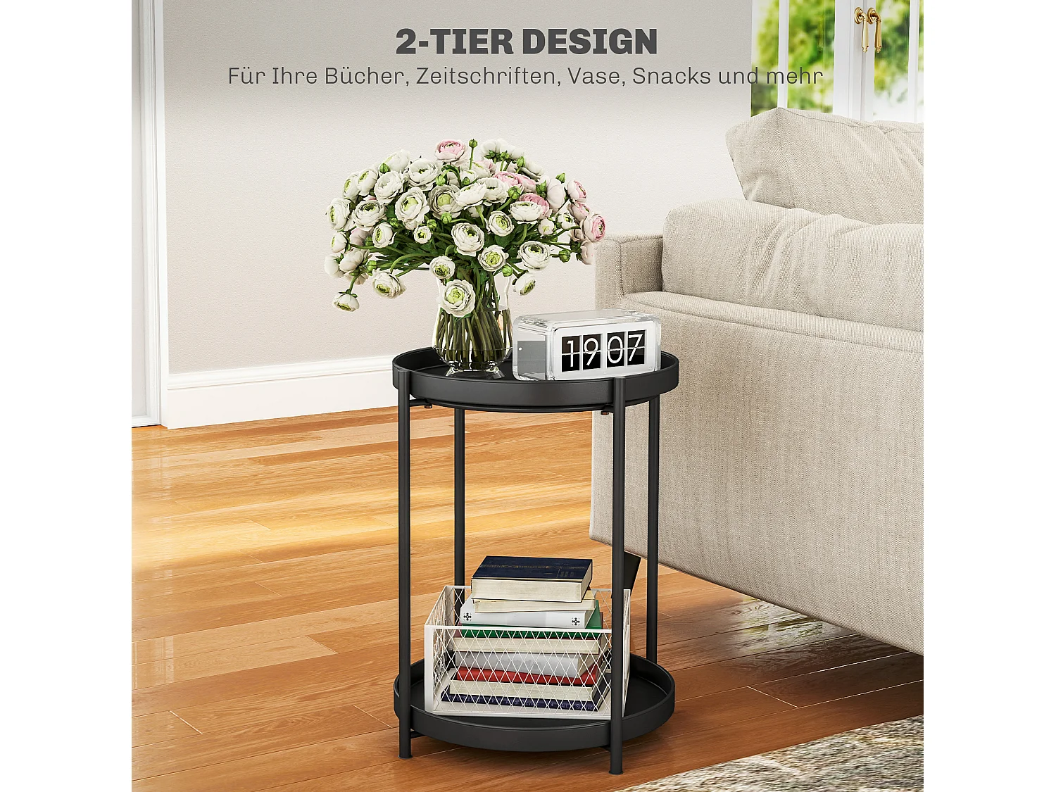 Tavolino laterale rotondo, tavolino da caffè a 2 ripiani, struttura in acciaio, tavolino rimovibile, nero