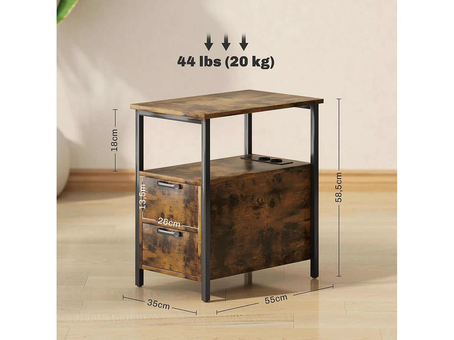 Table d'appoint étroite avec 2 tiroirs, ports USB et prises de courant, pour salon, chambre, marron