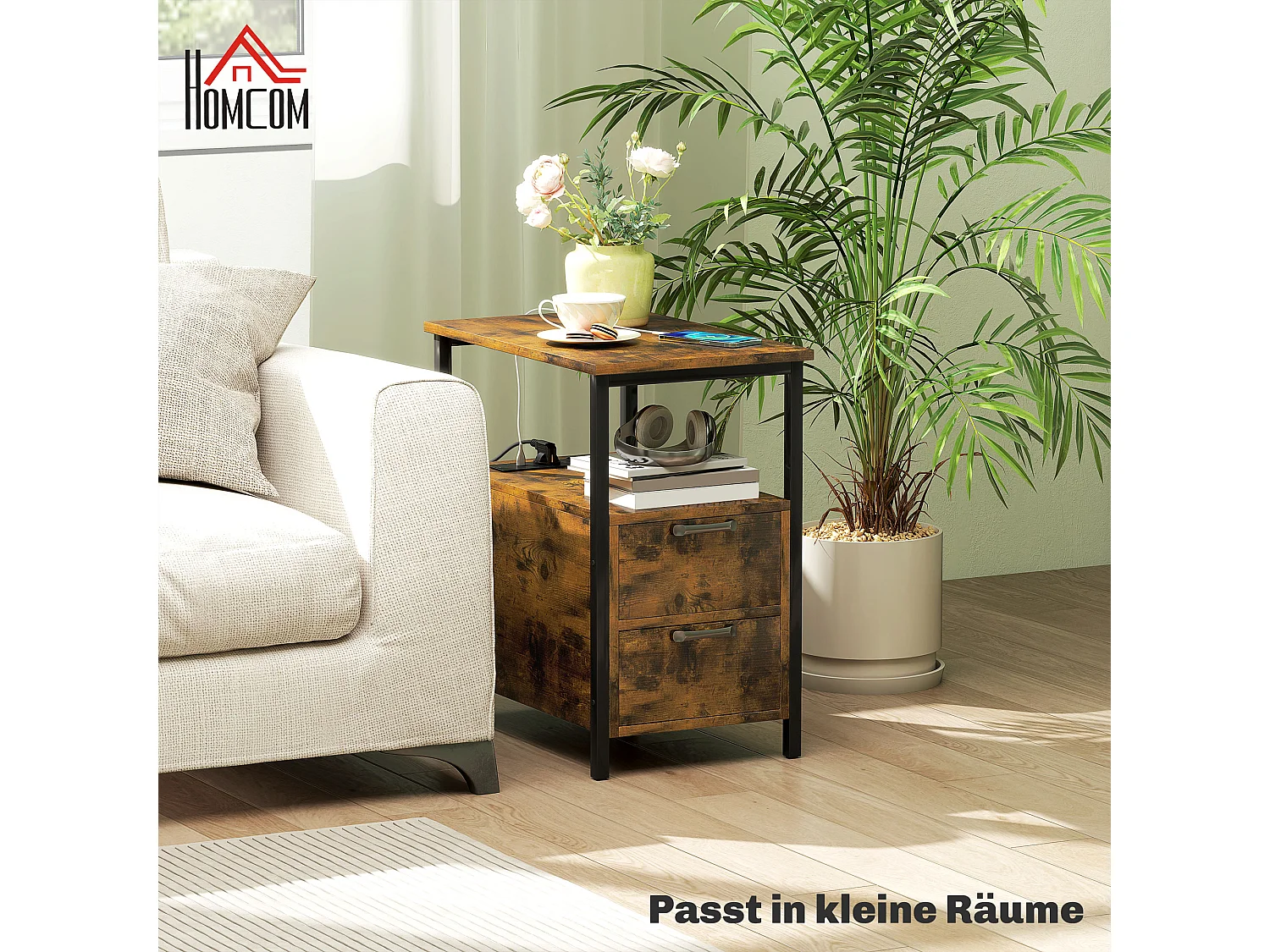 Table d'appoint étroite avec 2 tiroirs, ports USB et prises de courant, pour salon, chambre, marron