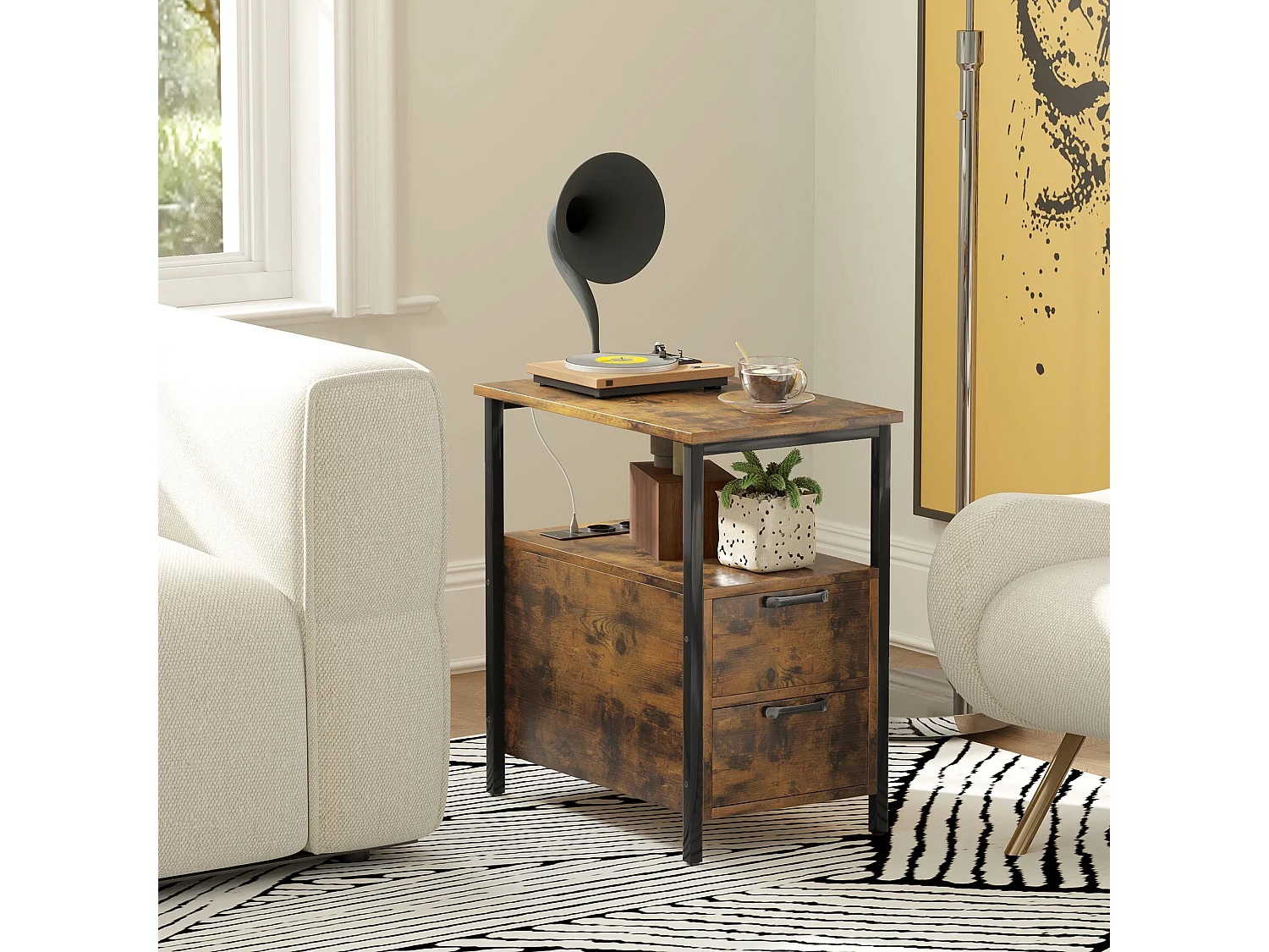 Table d'appoint étroite avec 2 tiroirs, ports USB et prises de courant, pour salon, chambre, marron