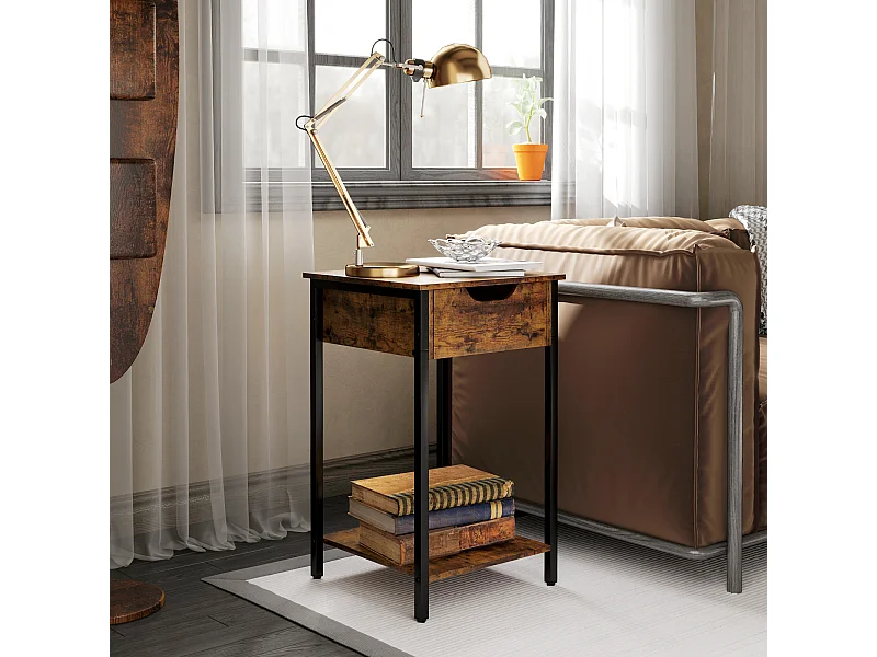 Table de Chevet, Bout de Canapé, Table Basse de Salon avec Tiroir et Étagère, Marron Rustique