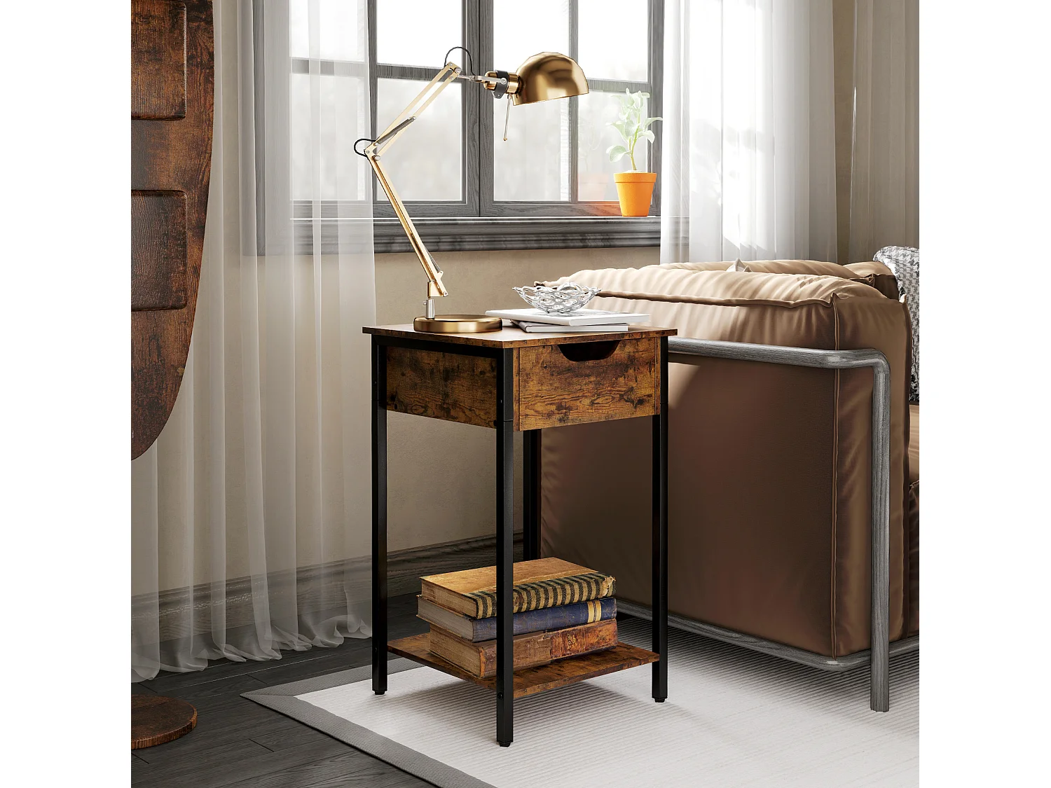 Table de Chevet, Bout de Canapé, Table Basse de Salon avec Tiroir et Étagère, Marron Rustique