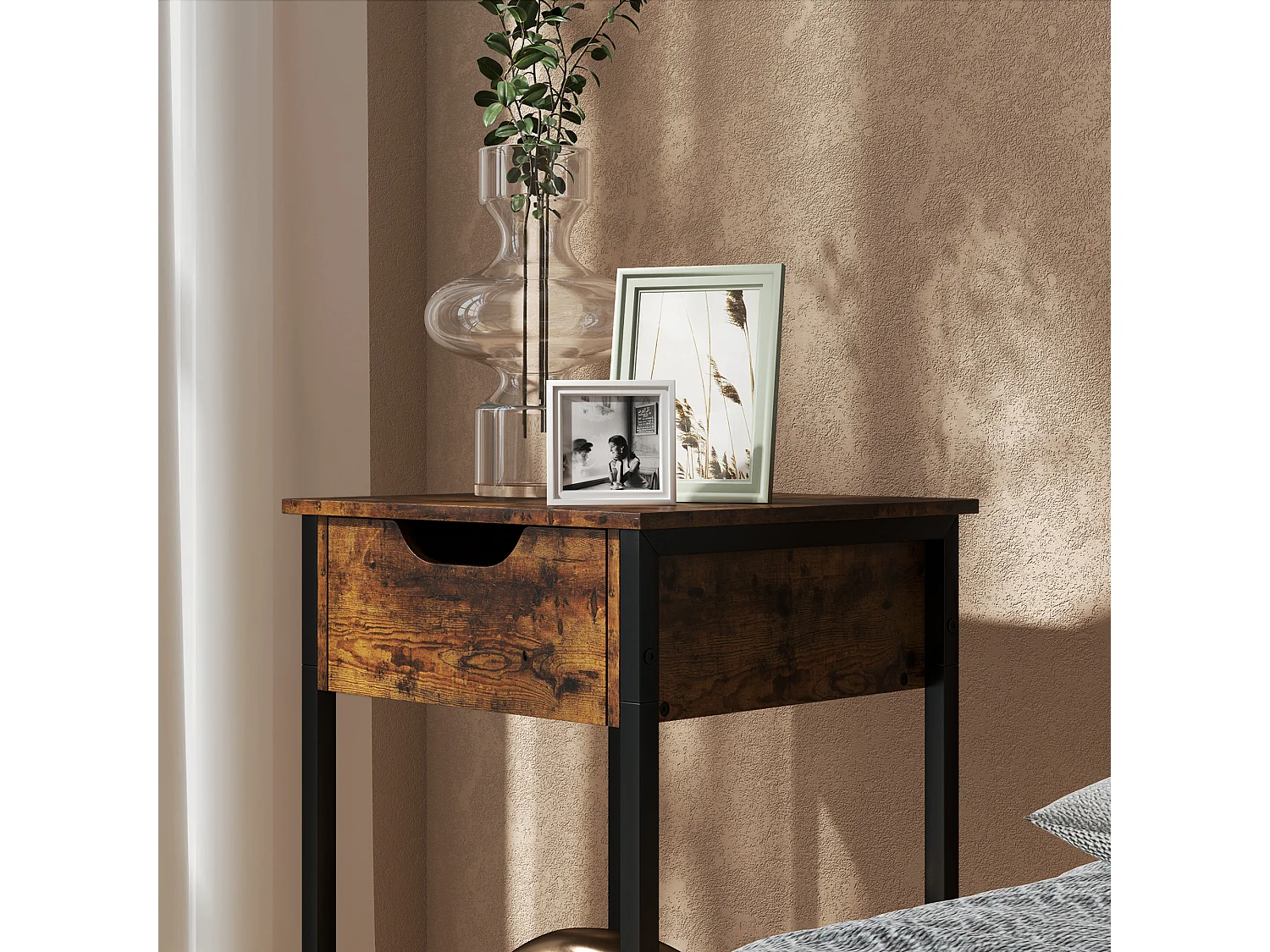 Table de Chevet, Bout de Canapé, Table Basse de Salon avec Tiroir et Étagère, Marron Rustique