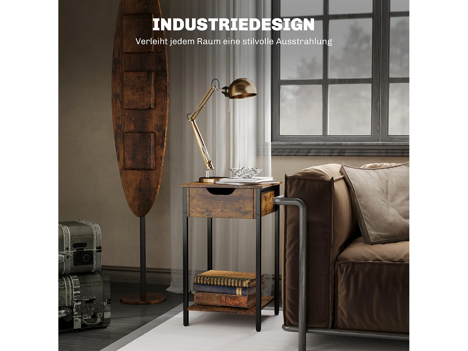 Nachtkastje, bijzettafel, salontafel met lade en plank, rustiek bruin