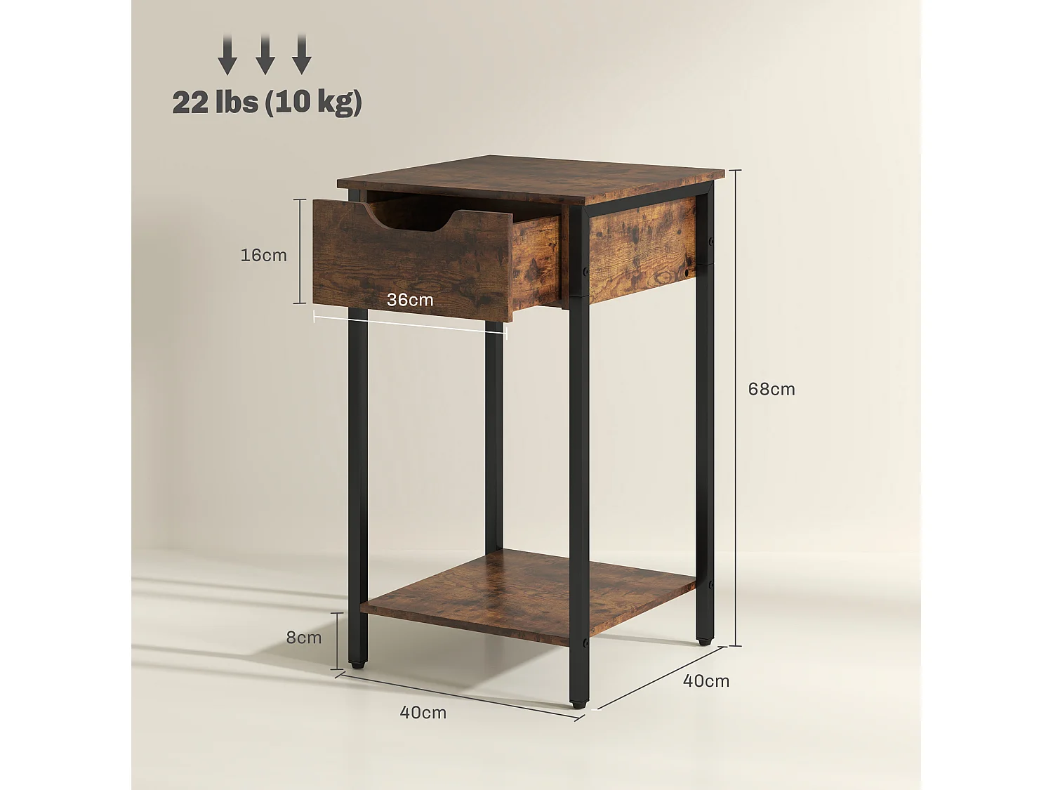 Nachtkastje, bijzettafel, salontafel met lade en plank, rustiek bruin