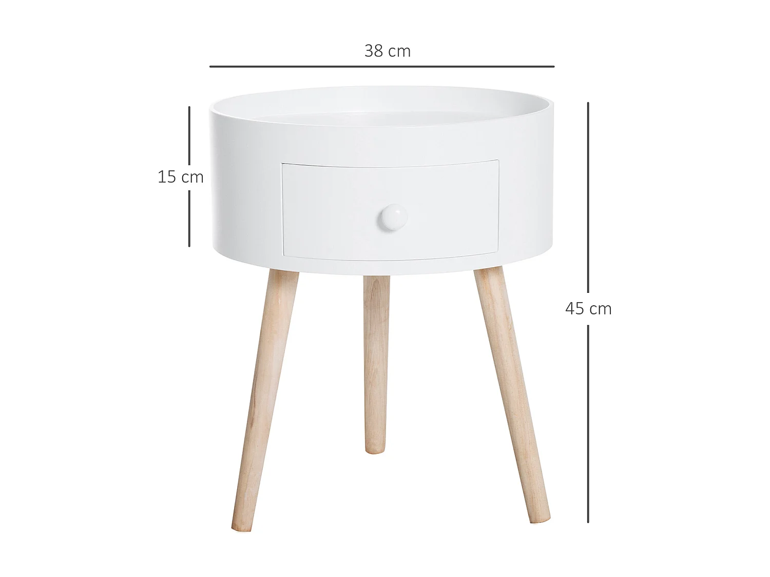 Mesa de cabeceira, mesa lateral com tampo elevado e pés de madeira, φ38 x 45 cm, MDF+Madeira