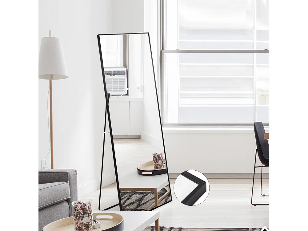 Miroir pleine longueur 150 x 40 cm noir avec cadre en aluminium, sur pied ou mural, rectangulaire